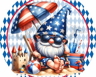 Patriotic Beach Gnome Round Wreath Sign 4th of July Summer Americana Door Hanger Red White Blue Round Wreath Sign