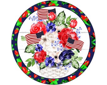 Sommerliches, patriotisches Blumenkranz-Schild | Rundes Metallschild mit Erdbeer-Flagge | Türhänger im amerikanischen Stil