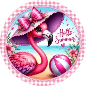 pink flamingo at the beach metal wreath sign, pink flamingo wall art, beach house sign