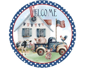 farmhouse patriotic farm scene wreath sign, farm with animals wall art, American farm sign, red white and blue farm sign