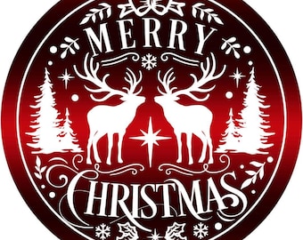 Rustic Red Deer Merry Christmas Sign, Reindeer and Trees Holiday Wall Art, Farmhouse Christmas Decor, Festive Winter Wreath