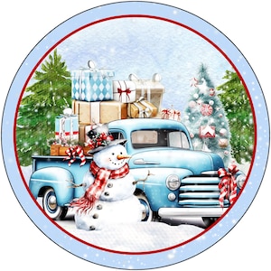 青いビンテージトラックのクリスマスプレゼント、雪だるまのリースの看板、12月の看板、クリスマスの看板、冬の看板