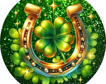Lucky Horseshoe Shamrock St. Patrick’s Day Round Wreath Sign, Glitter Green Irish Door Hanger