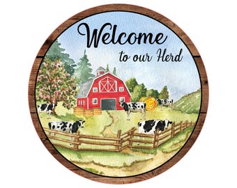 black and white cow welcome wreath sign, cow welcome sign, farm life welcome sign, farmhouse cow sign, cows and pasture sign