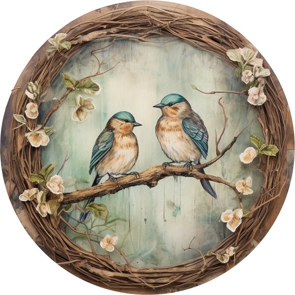 rustic floral blue love birds on branch wreath sign, woodland birds in forest wall art, farmhouse sign for March