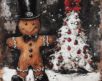 Vintage Gingerbread Man Sign, Christmas Wall Decor, Rustic Holiday Art