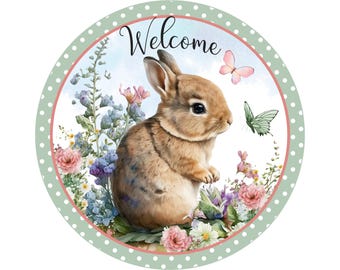 signe de couronne florale en métal de lapin brun à pois blancs, art mural de fleurs sauvages de papillon de printemps