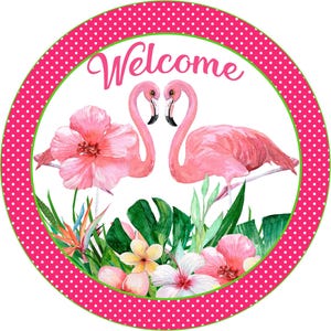 polka dot pink flamingo couple standing in palm leaves and flowers, pink flamingo wall art, flamingo sign for the beach house