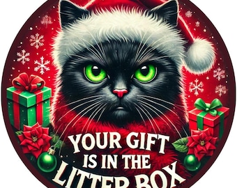 Weihnachtsschild mit frecher schwarzer Katze | Lustiges rundes Metallschild mit Weihnachtsmannmütze und Katze für Kränze | Türhänger mit mürrischer Katze