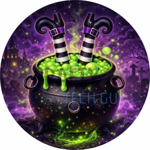 May include: A Halloween-themed illustration features a black cauldron bubbling with green liquid and witch's legs. The witch's legs are clad in black shoes with purple buckles and striped socks. The background includes a graveyard, castle, and purple sky.