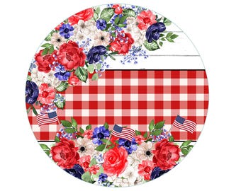 Welkomstbord met bloemen en patriottische uitstraling | Rond metalen bord met Amerikaanse vlag voor zomerkransen | Deurhanger met Americana-thema