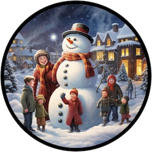 子供たちに囲まれたビンテージの雪だるま クリスマスの冬のリースのサイン、12月のサイン、クリスマスのサイン、冬のサイン
