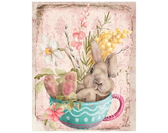 Easter bunny sitting in coffee mug with flowers wreath sign, Vintage bunny in mug wall art, Antique Easter bunny sign decoration