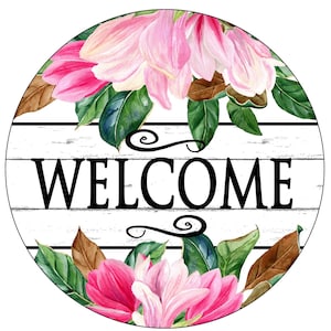 Welcome Magnolia wreath sign, pink magnolia wreath attachment, magnolia collector, magnolia welcome sign, floral welcome sign, floral sign image 1