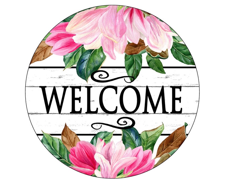 Welcome Magnolia wreath sign, pink magnolia wreath attachment, magnolia collector, magnolia welcome sign, floral welcome sign, floral sign image 1