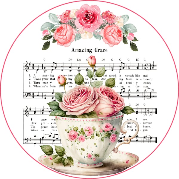 religious pink roses Amazing Grace wreath sign, pink flowers in a tea cup song wreath attachment, church spiritual hymnal song sign