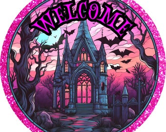 Plaque de bienvenue maison hantée, décoration de porte d'Halloween rose, pièce jointe de couronne gothique, enseigne en métal effrayante, couronne d'Halloween à paillettes