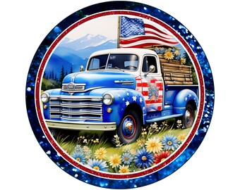 Patriottisch vintage vrachtwagenkransbord | Rond metalen bord met Amerikaanse sterren en strepen voor kransen | Deurhanger/kransbevestiging