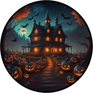 Scary Haunted House Wreath Sign | Spooky Pumpkin Patch Round Metal Sign for Wreaths | Halloween Door Hanger Attachment