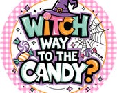 Witch Way to the Candy Sign, Halloween Candy Wreath Sign, Pink Gingham Witch Decor, Funny Trick or Treat Door Sign, Cute Halloween Sign