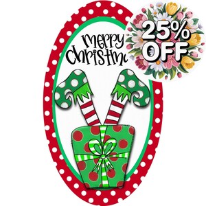 Christmas Elf Legs in Present Sign, Polka Dot Border, Merry Christmas Oval Metal Sign, Festive Holiday Decor