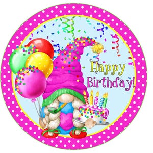 Gnomo rosa con globos, letrero de corona de feliz cumpleaños, letrero de primer cumpleaños, letrero de primer cumpleaños