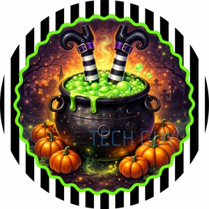 May include: A Halloween-themed graphic featuring a black cauldron filled with bubbling green liquid, witch legs, and pumpkins. The cauldron is surrounded by orange pumpkins and set against a spooky background. The text "TECH CH" is visible.