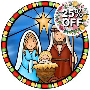 Letrero de vidriera de María con José y el Niño Jesús, letrero de vidriera del Niño Jesús, letrero de vidriera de Jesús, vidrieras de iglesia