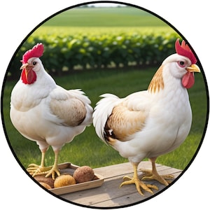 two realistic chickens with eggs standing on a table wreath sign
