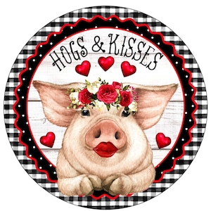 farmhouse pig happy valentine's day wreath sign, buffalo check hog and hearts wall art, shiplap lipstick pig valentine's sign