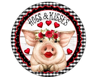 farmhouse pig happy valentine's day wreath sign, buffalo check hog and hearts wall art, shiplap lipstick pig valentine's sign