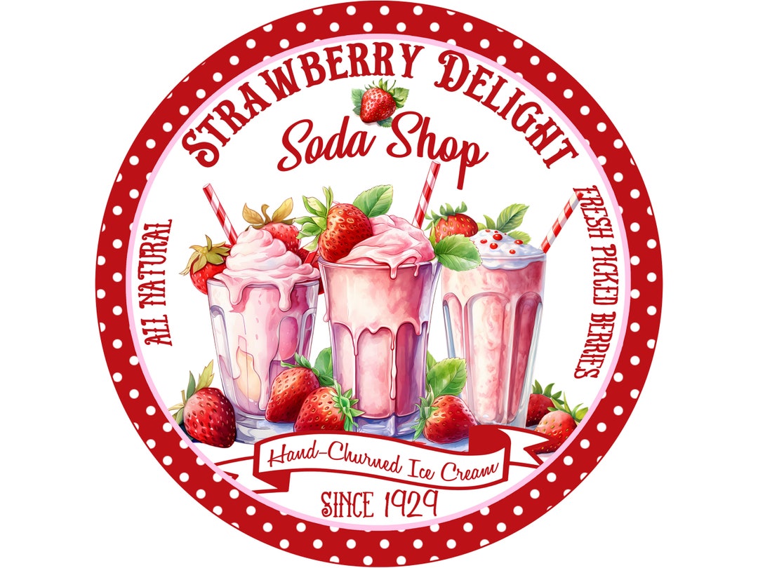 Polka Dot Strawberry Soda Shop Sign, Vintage Pink Strawberry Wall Art