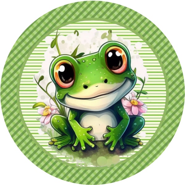 green big eyed frog on pond with flowers wreath sign, frog with pink flowers wall art, green buffalo check frog decoration
