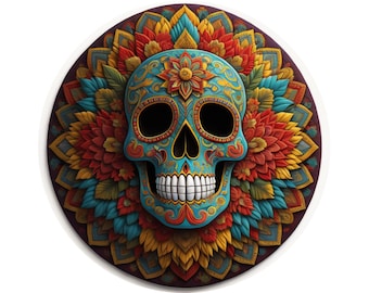 May include: A colorful sugar skull with intricate floral designs, surrounded by a mandala of vibrant flowers in shades of red, yellow, blue, and green.