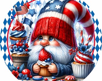 Patriotic Gnome Cupcake 4th of July Round Wreath Sign, Americana Dessert Gnome Door Hanger