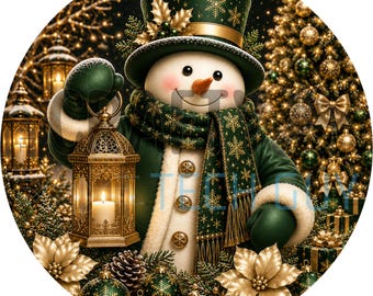 Elegantes Schneemann-Kranzschild | Smaragdgrünes, goldenes Laternen-Rundschild aus Metall für Kränze | Glamouröser Türhänger mit Kranzbefestigung