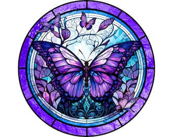 stained glass church window floral purple butterfly wreath sign, purple butterfly wreath attachment, sign for Spring