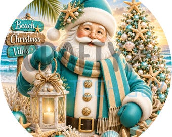 Strand-Weihnachtsmann-Kranzschild | Rundes, türkisfarbenes Metallschild mit Seesternmotiv für Kränze | Tropischer Türhänger zur Kranzbefestigung