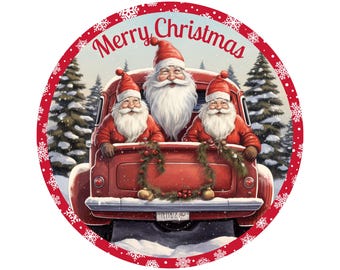 Guirlande de camions anciens rouges vintage Gnome, signe de couronne de joyeux Noël, signe pour Noël, signe pour décembre