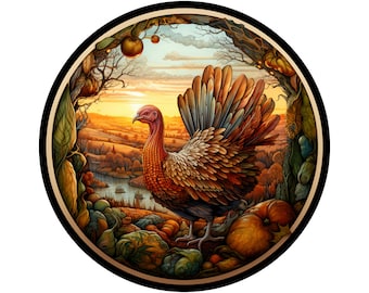 majestic realistic turkey looking over field Thanksgiving wreath sign