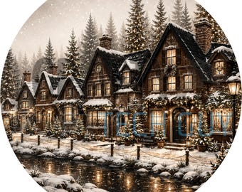 Weihnachtskranz-Schild „Schneedorf“ | Rundes Metallschild „Frohe Weihnachten“ mit Cottage-Straßenmotiv für Kränze | Gemütlicher Türhänger zur Befestigung von Weihnachtskränzen