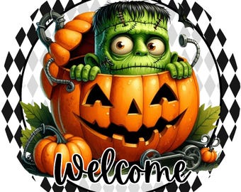 Frankenstein Pumpkin Wreath Sign | Welcome Halloween Round Metal Sign for Wreaths | Spooky Door Hanger Attachment