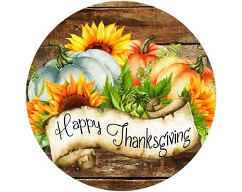 Rustikales Kürbis-Sonnenblumen-Kranzschild für Thanksgiving | Rundes Metallschild aus Scheunenholz | Türhänger für den Herbst