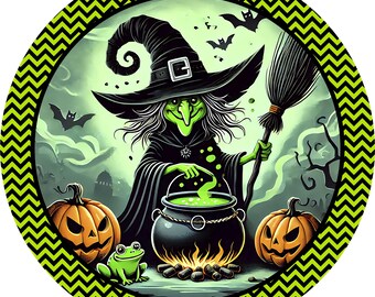Green Witch Halloween Sign, Bubbling Cauldron Wreath Sign, Trick or Treat Door Decor, Witch with Broom Sign, Spooky Metal Sign
