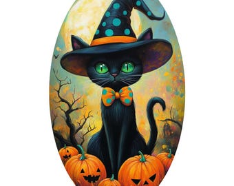 Black Cat Witch Hat Wreath Sign | Pumpkin Moon Halloween Oval Metal Sign for Wreaths | Spooky Door Hanger Attachment