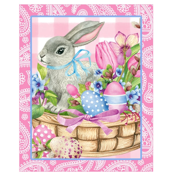 floral bunny in a basket with decorated eggs Easter wreath sign, Easter bunny in basket sign, Easter egg basket sign