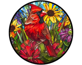 Türhänger mit Kardinal-Motiv aus Buntglas | Rundes Metallschild mit Blumen- und Vogelmotiv für Kränze | Türhänger mit Naturmotiv