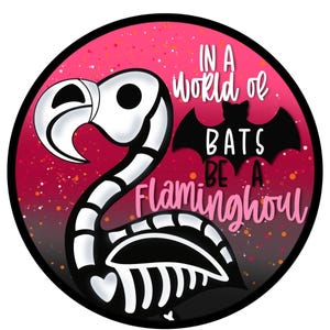 Pink Flamingo Skeleton Bats Halloween Wreath Sign, gift for flamingo collector, pink Halloween decor, flamingo Halloween party