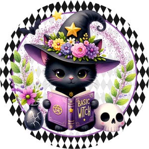 Basic Witch Black Cat Halloween Wreath Sign | Gothic Witch Round Metal Sign for Wreaths | Halloween Door Hanger Wreath Attachment