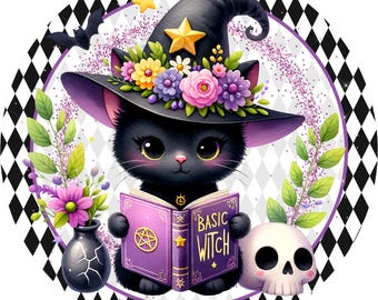 Basic Witch Black Cat Halloween Wreath Sign | Gothic Witch Round Metal Sign for Wreaths | Halloween Door Hanger Wreath Attachment